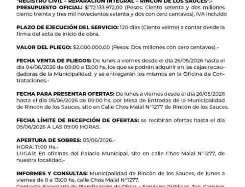 Licitación pública N°005/2026 “Reparación integral del Registro Civil de Rincón de los Sauces”